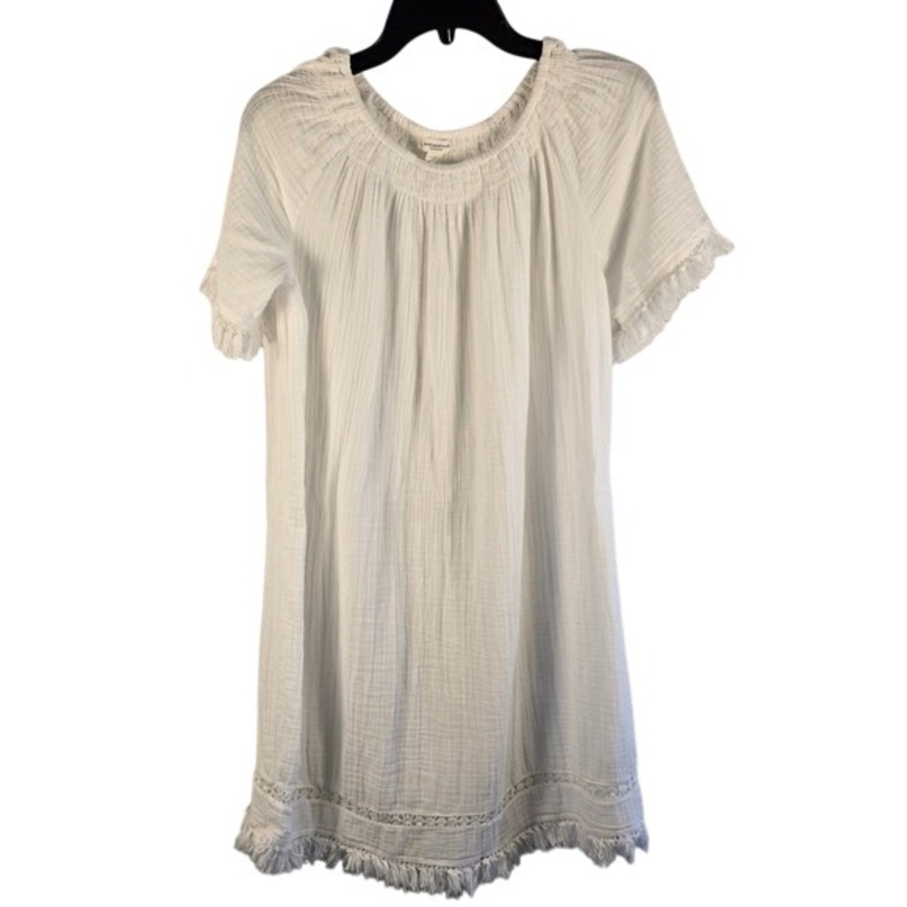 Beachlunchlounge White Cotton Gauze Fringe Crochet Shift Dress Resort Coastal